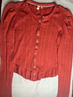 Anthropologie Rust Red Button-Front Long-Sleeve Top